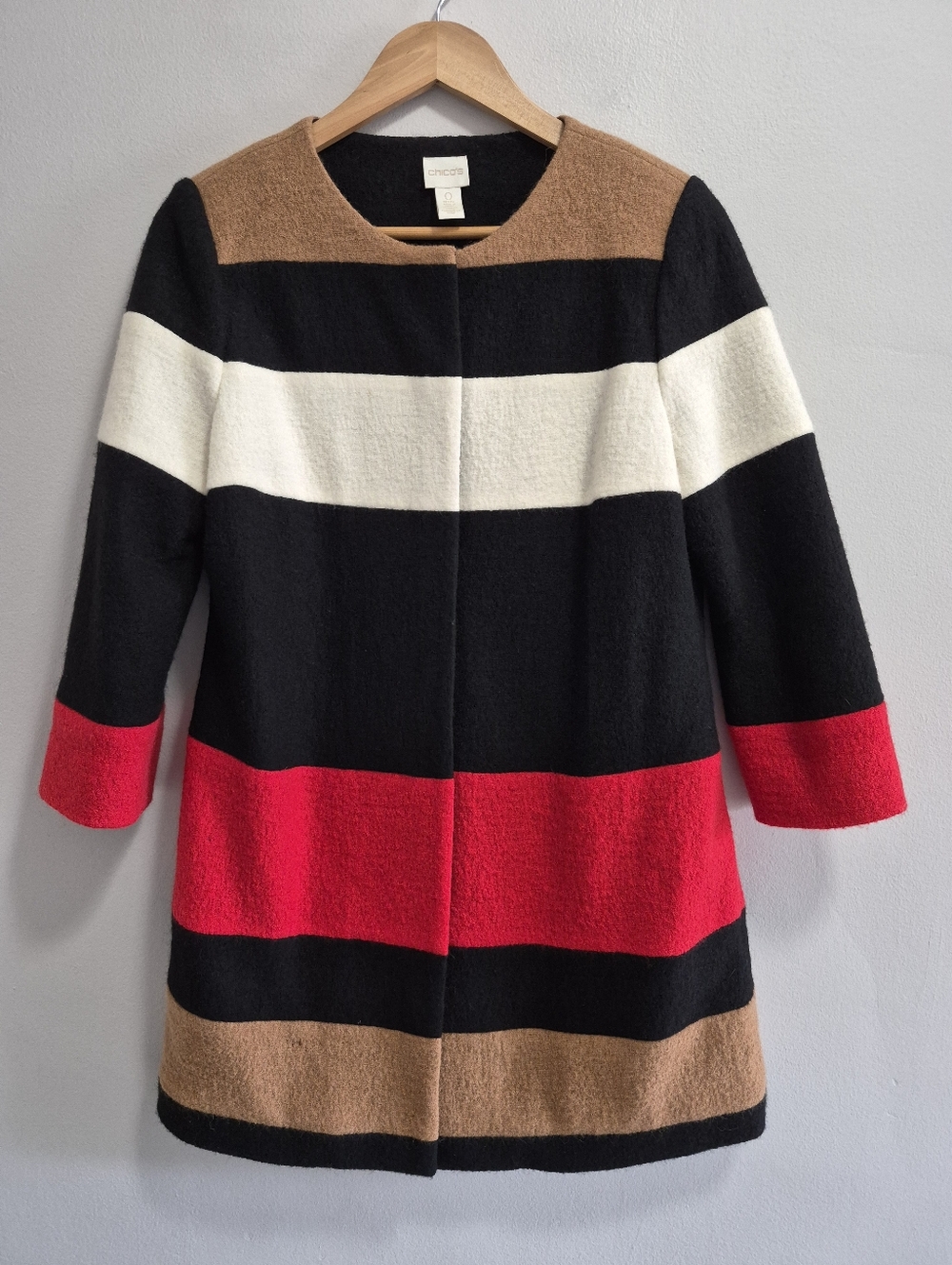 Chico's Boiled Wool Striped Long Jacket Size 0 Petite / Small